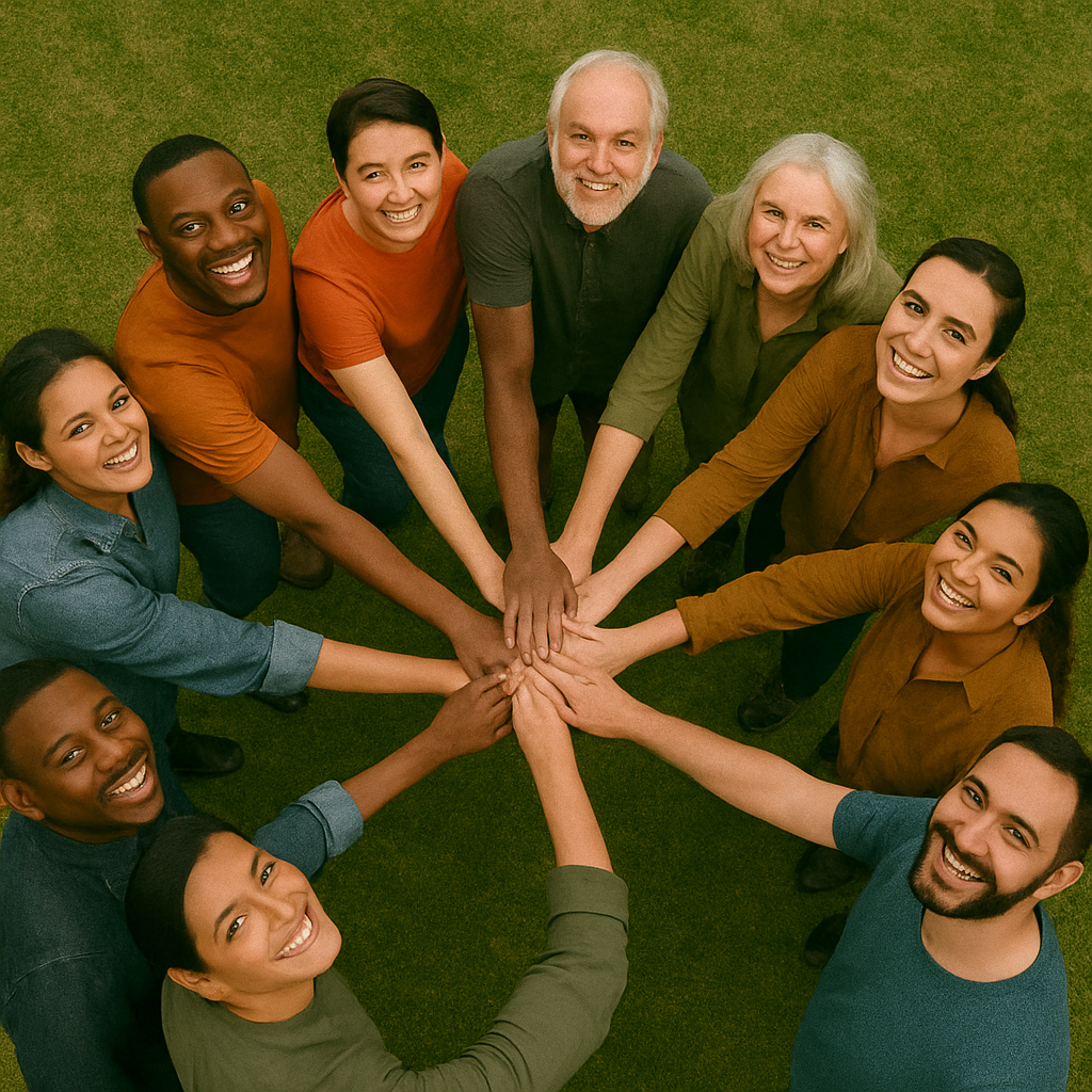Diverse group putting hands together in unity